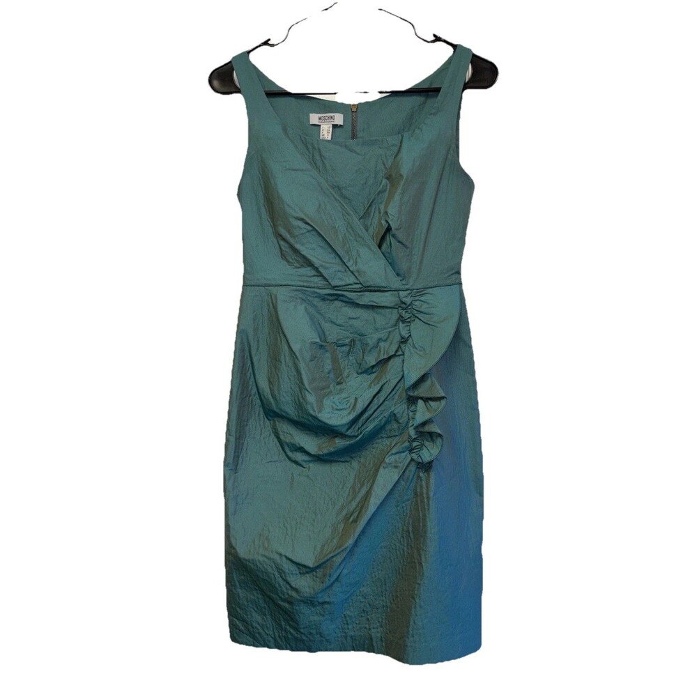 Moschino Cheap and Chic Green Copper Ruffled Draped Sleeveless Dress 6 Zip